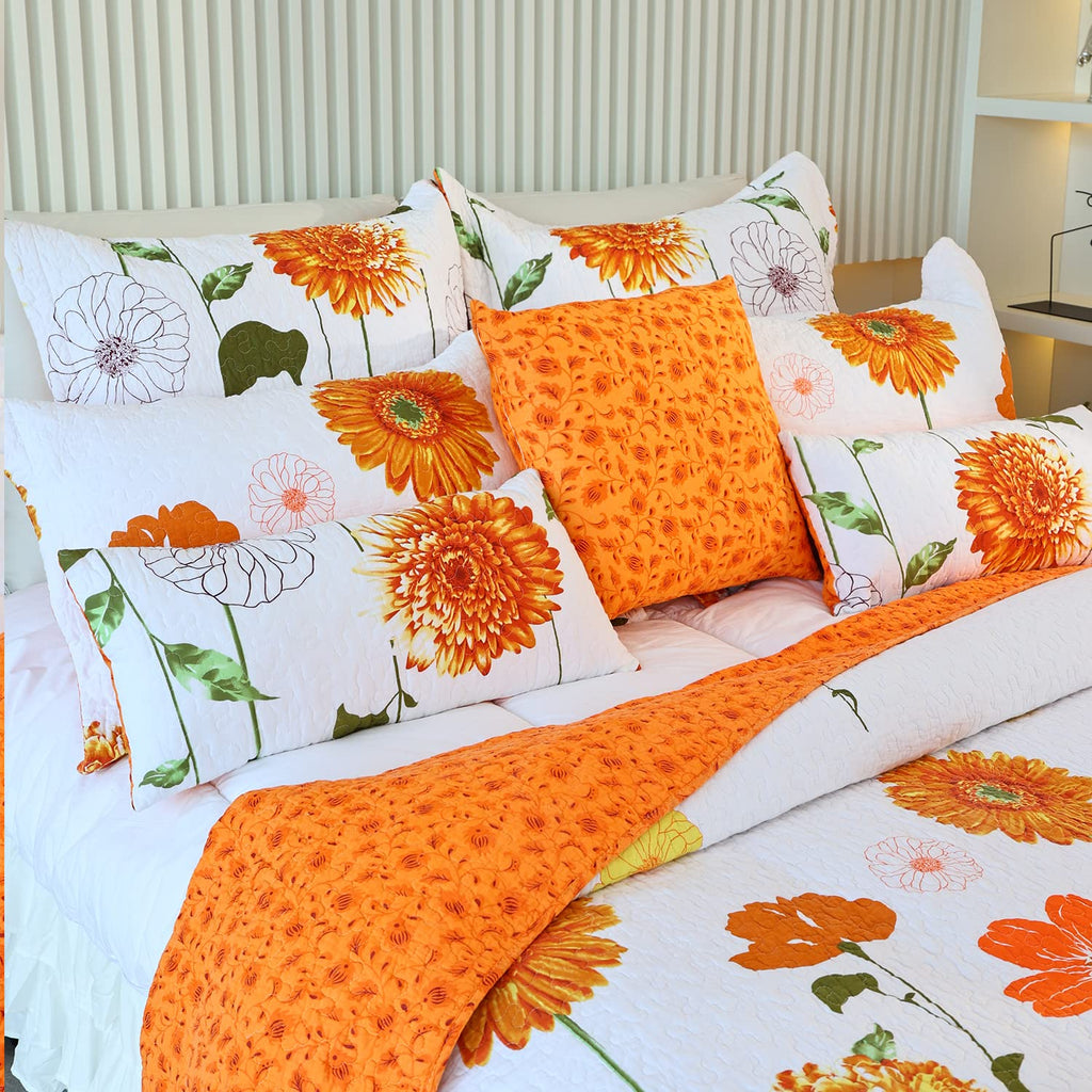 Quilted Pillow Shams Set of 2 Orange Sunflower Pillow Covers Floral Pillowcases Matching Bedding Decoration (18" X