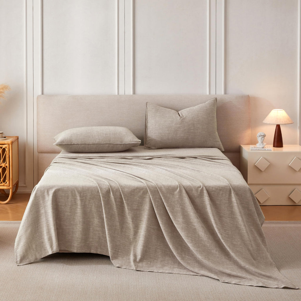 Linen Sheets King Size, Stonewashed Linen Cotton Blend Sheets with Slub Texture, Breathable & Soft Cotton Bedsheets