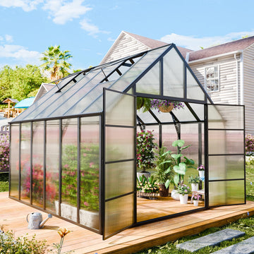 12x10x10 FT Polycarbonate Greenhouse with Aluminum Frame, Black