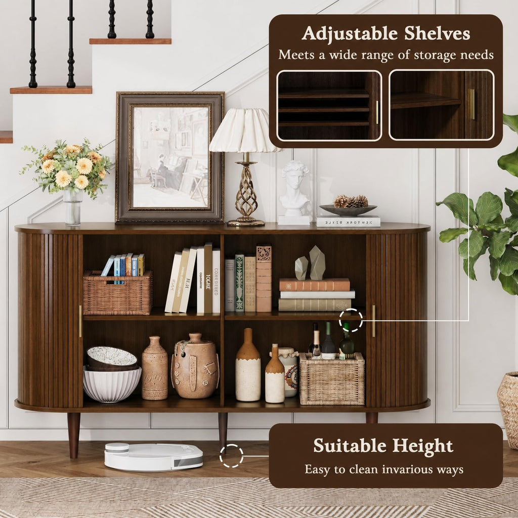 Sideboard Buffet Cabinet with Storage, Mid Century Modern Fluted Accent Coffee Bar Console Table, Tambour Sliding