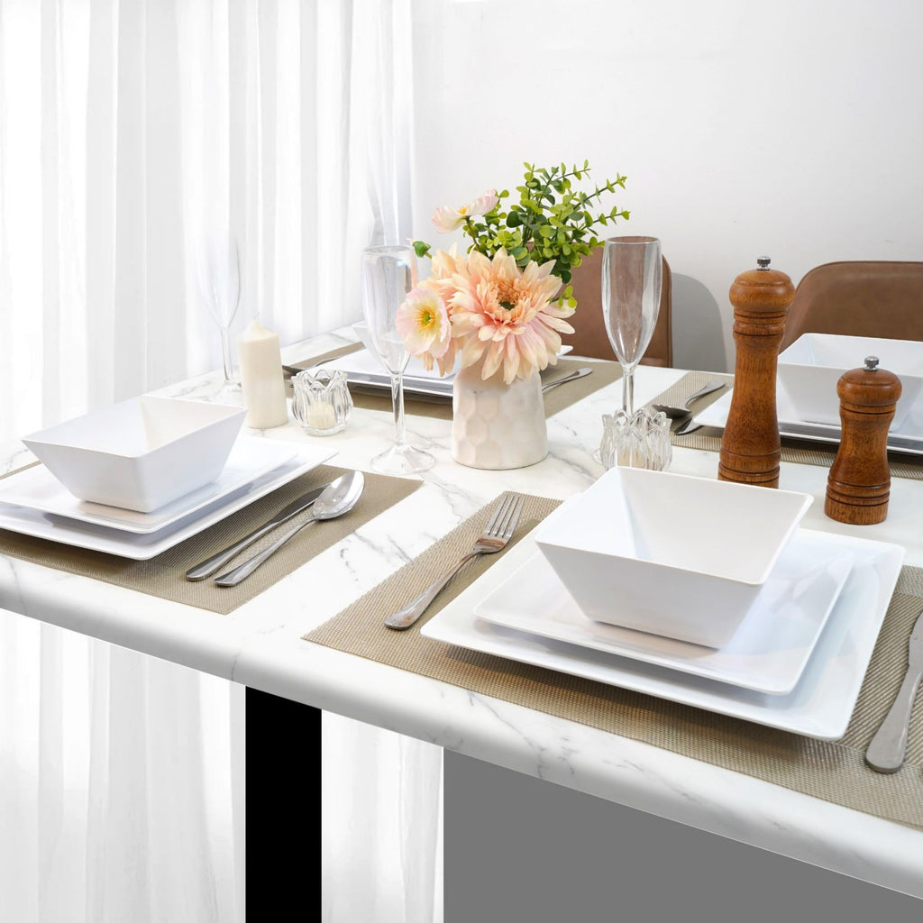 TP 12-Piece Melamine Dinnerware Sets, Square, Service for 4, White