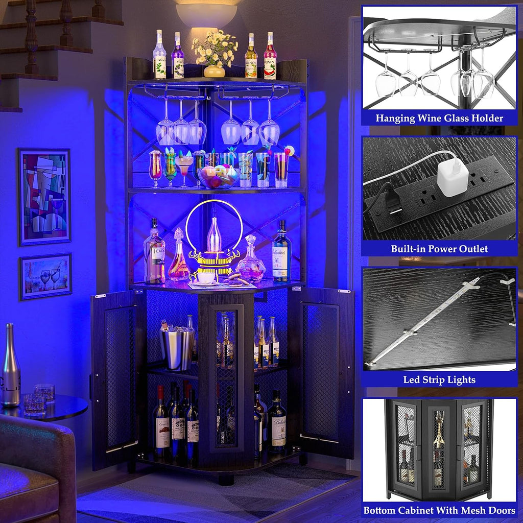 Corner Bar Cabinet with Power Outlet, Industrial Liquor Cabinet | 5-Tiers Wine Cabinet Mini Bar Unit with LED Strip
