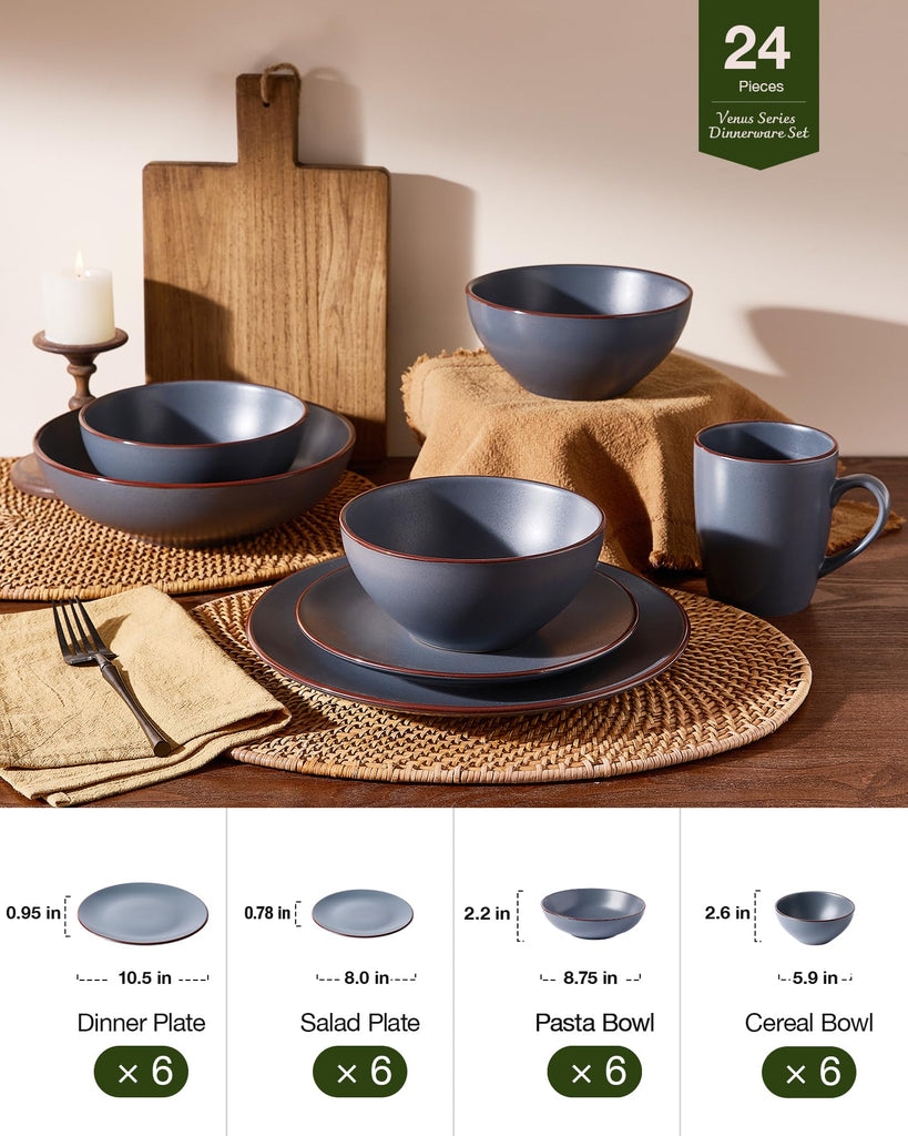 Venus Stoneware Dinnerware Sets with Pasta Bowls, Dishes Set for 6