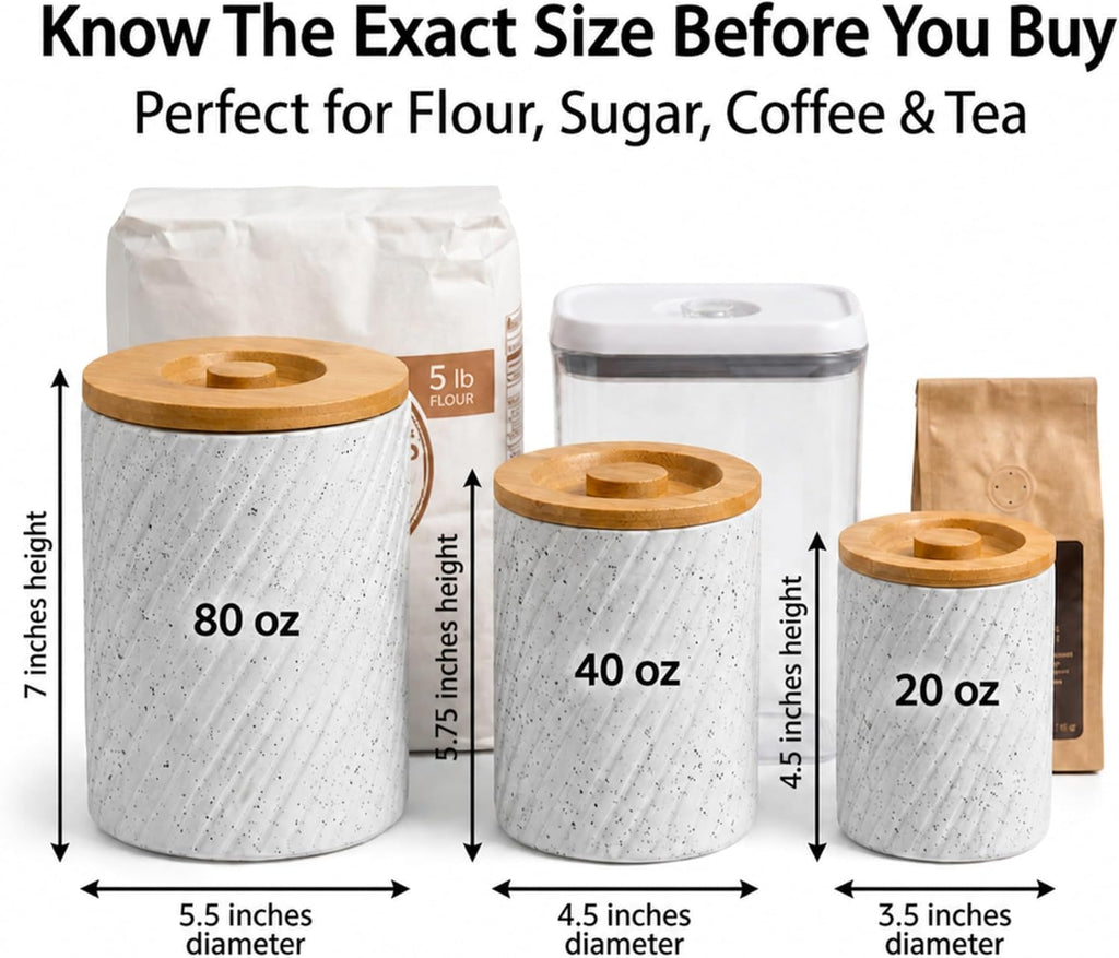 Flour Sugar Storage Containers - Ceramic Canister with Airtight Bamboo Lids Counter - 80, 40 & 20 oz, White - Set of 3