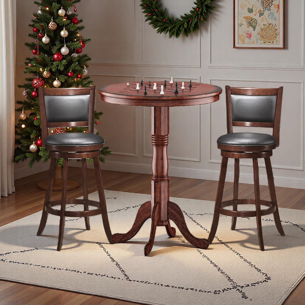3 Piece Bar Table and Chairs Set, Round Counter Height Dining Table with Chessboard, 2 Upholstered Swivel Bar Stools
