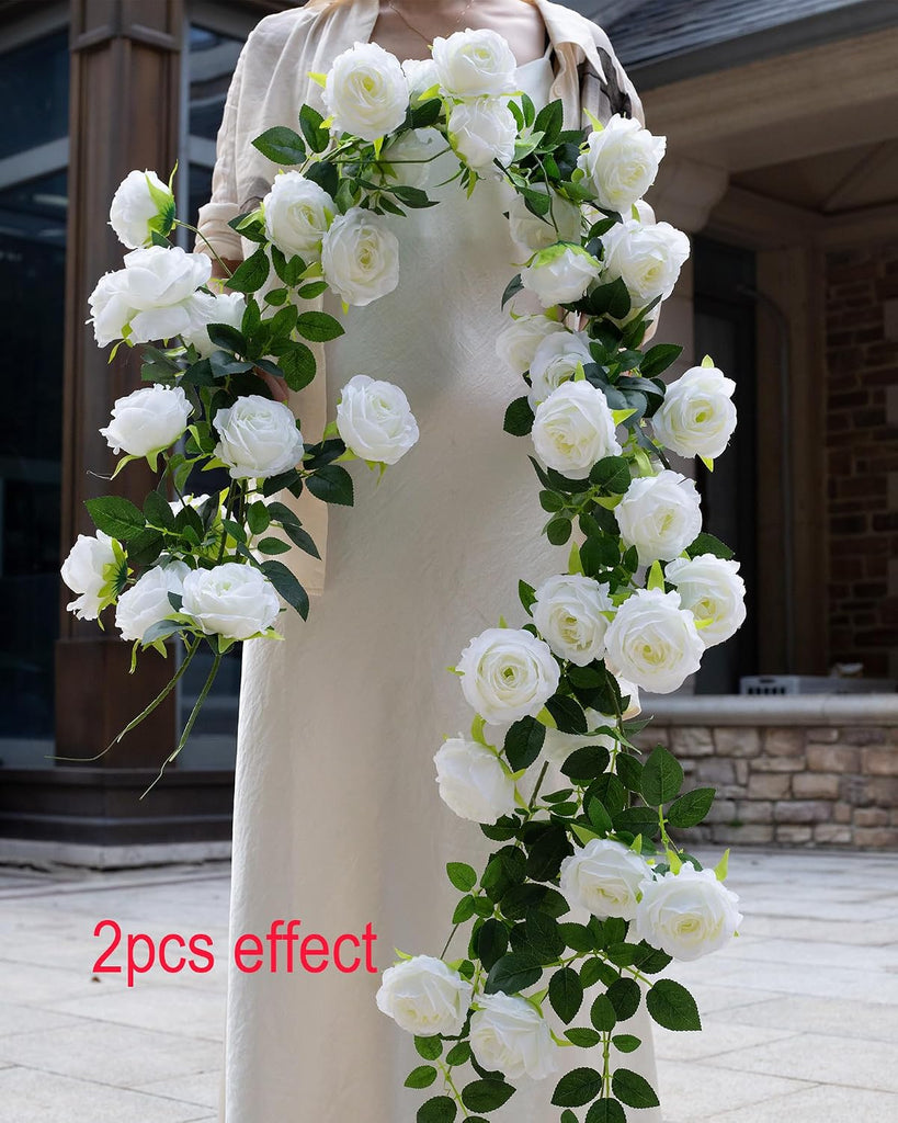 12Ft Bendable Flower Garland Faux Rose Vine for Wedding Decor,White - Set of 2
