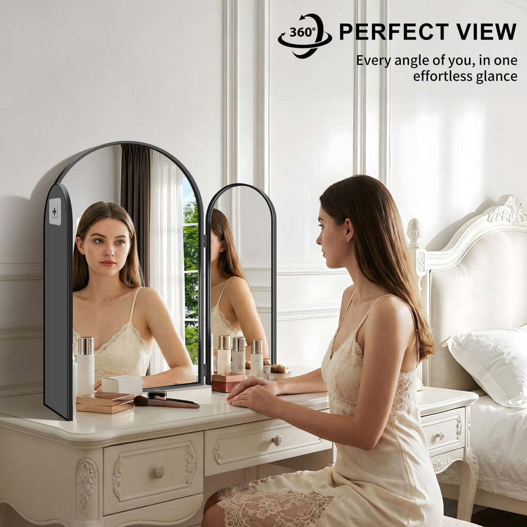 Trifold Vanity Mirror, 30x36Inch 3 Way Mirror Metal Frame, Black Tri Fold Arched Mirror Wall Mounted for Make up