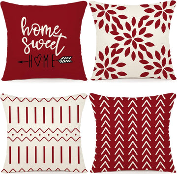 Christmas Red Linen Pillow Covers 18x18, Home Sweet Home Farmhouse Throw Pillow Covers, Holiday Decorative - Set of 4