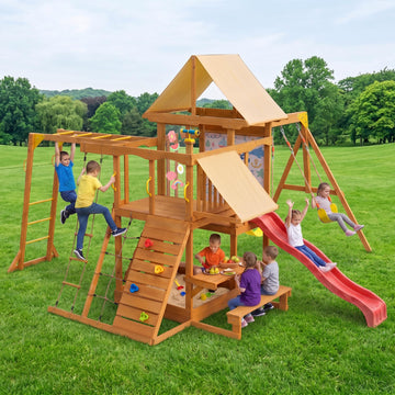 Wooden Swing Sets for Backyard, Outdoor Playset with Climbing System