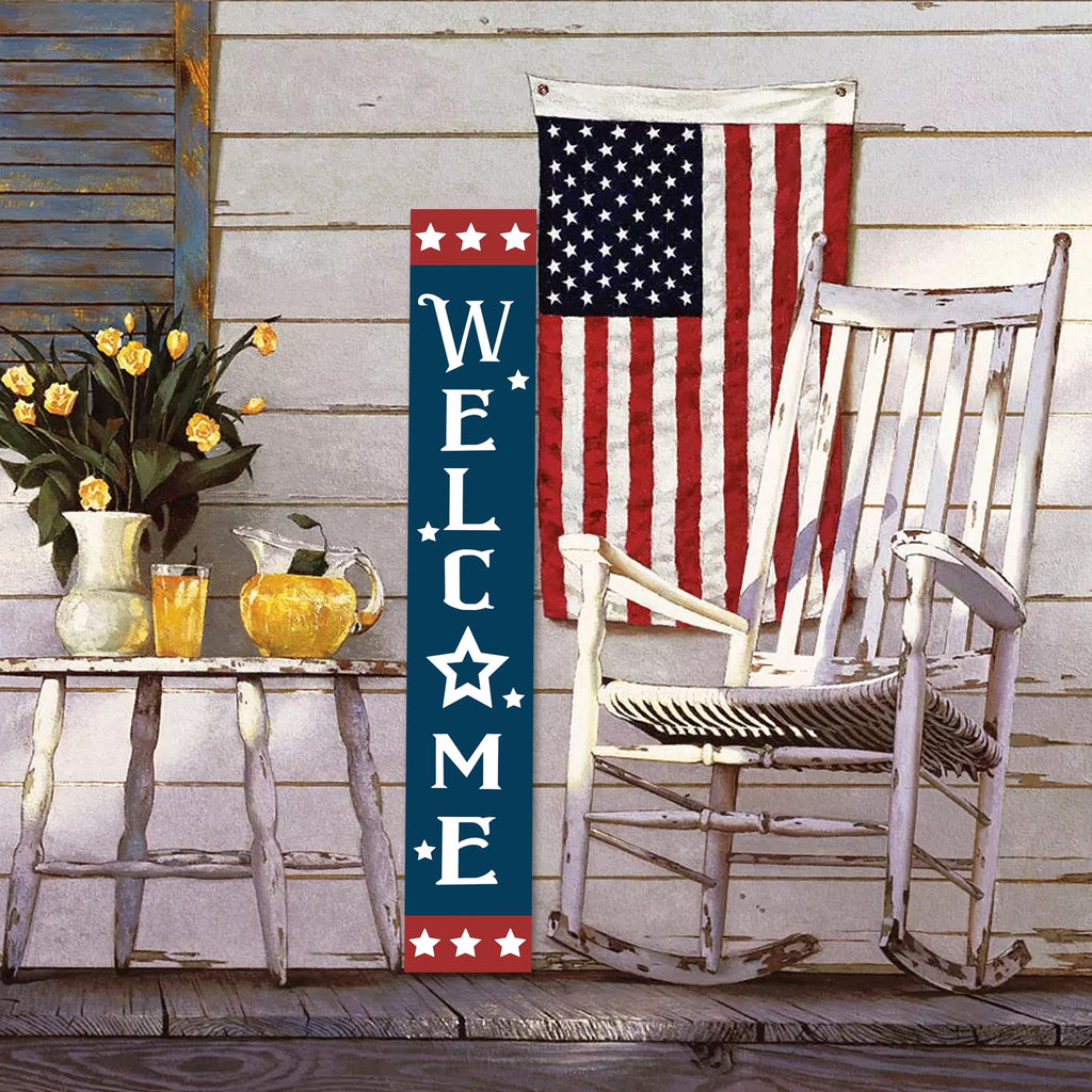 Patriotic Wooden Porch Sign 47" 4th of July Independence Day Large Welcome Sign Memorial Day Vertical Indoor Outdoor