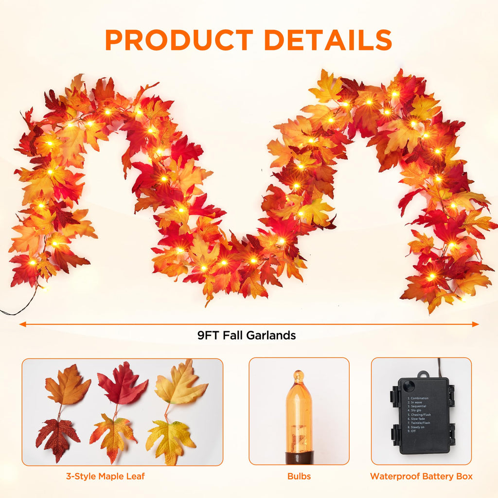 Fall Decorations 18 FT Pre-lit Fall Garland with 100 LED Orange Lights, 8 Lighting Modes, Timer, Battery Operated