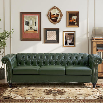 Chesterfield Sofa, 3 Seater Tufted Couch, Classic Button Tufted Upholstered Sofa, Modern Mid-Century PU Leather Sofa