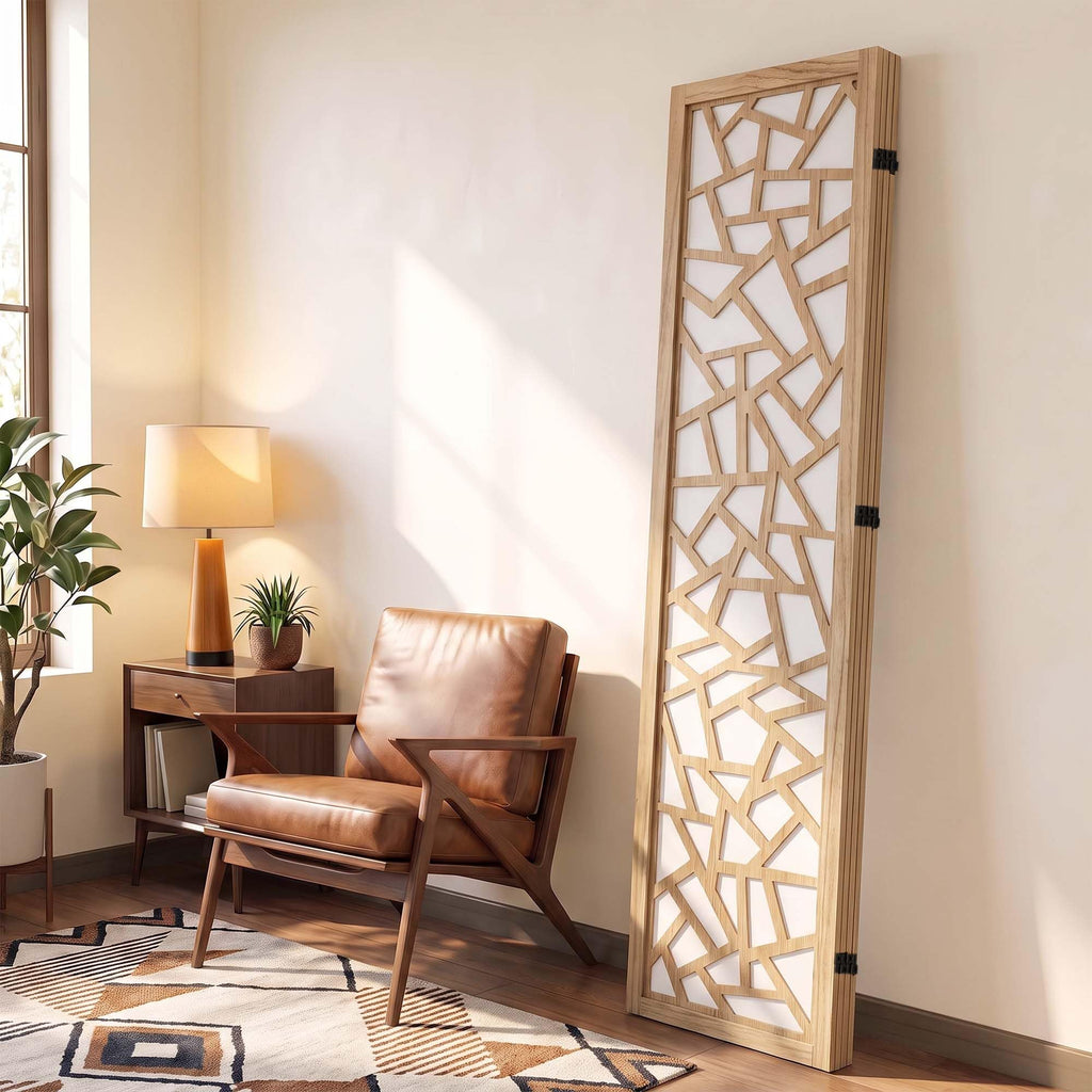 5.6FT Japanese Geometric Fabric 4-Panel Room Divider, Natural