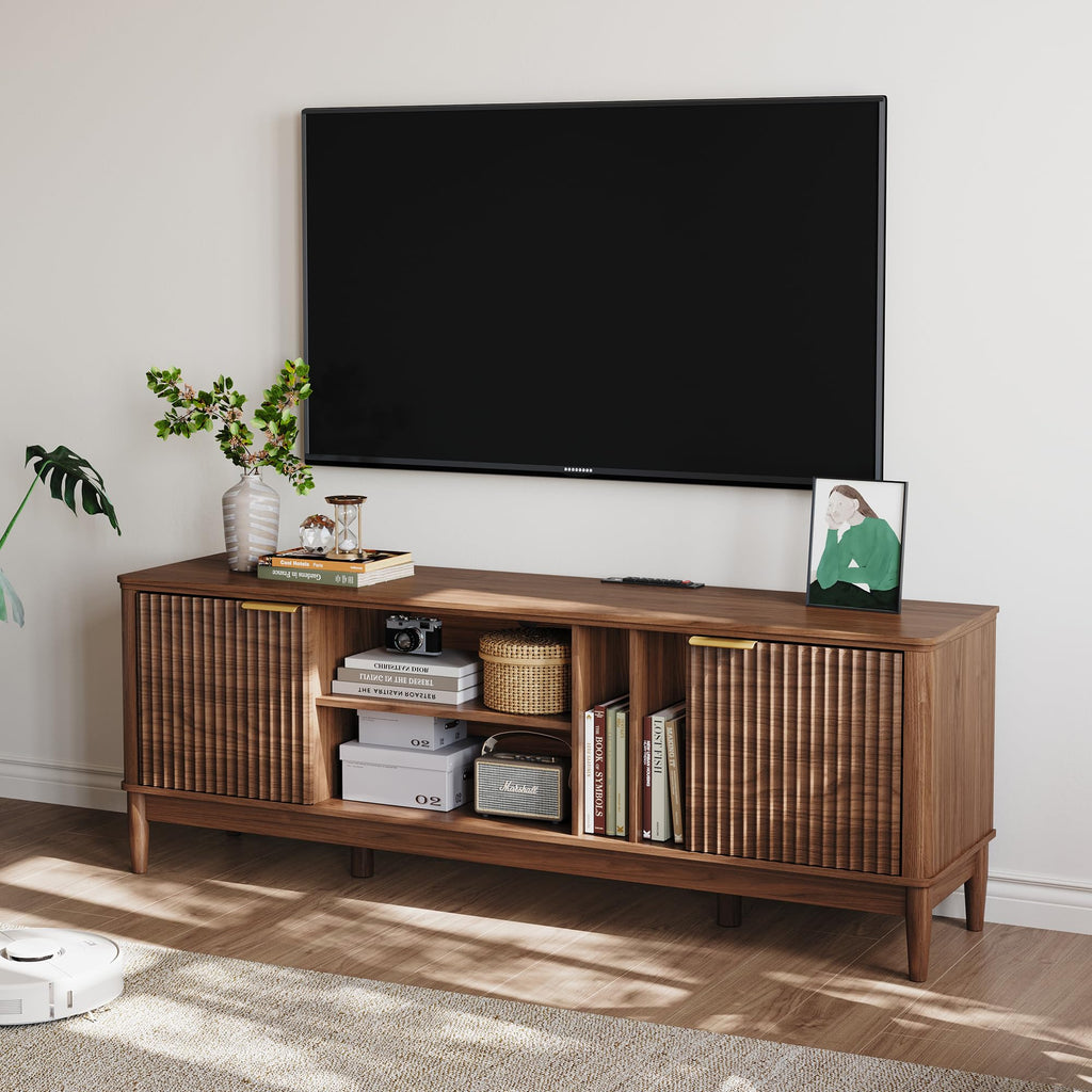 Mid Century Modern Fluted TV Stand for 75" TV, Walnut | Entertainment Center with Storage Cabinet, Sturdy TV Console