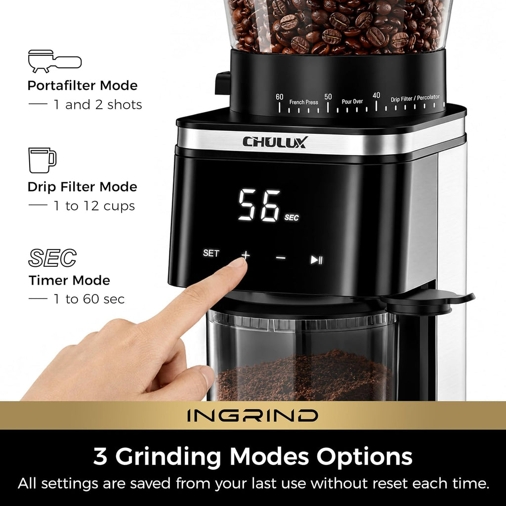 InGrind Conical Burr Electric Coffee Grinder with 60 Grind Settings | Professional Anti-Static Module, 3 Smart Grind
