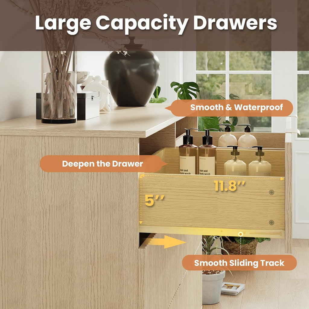 Modern Fluted 6 Drawer Dresser, Wide Wooden Storage Cabinet with Metal Handles, Silent Glide Drawers, Anti-Tip Chest