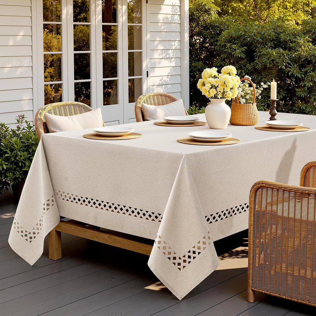 Beige Rectangle Tablecloth with Decorative Cutouts 52x70 Inch