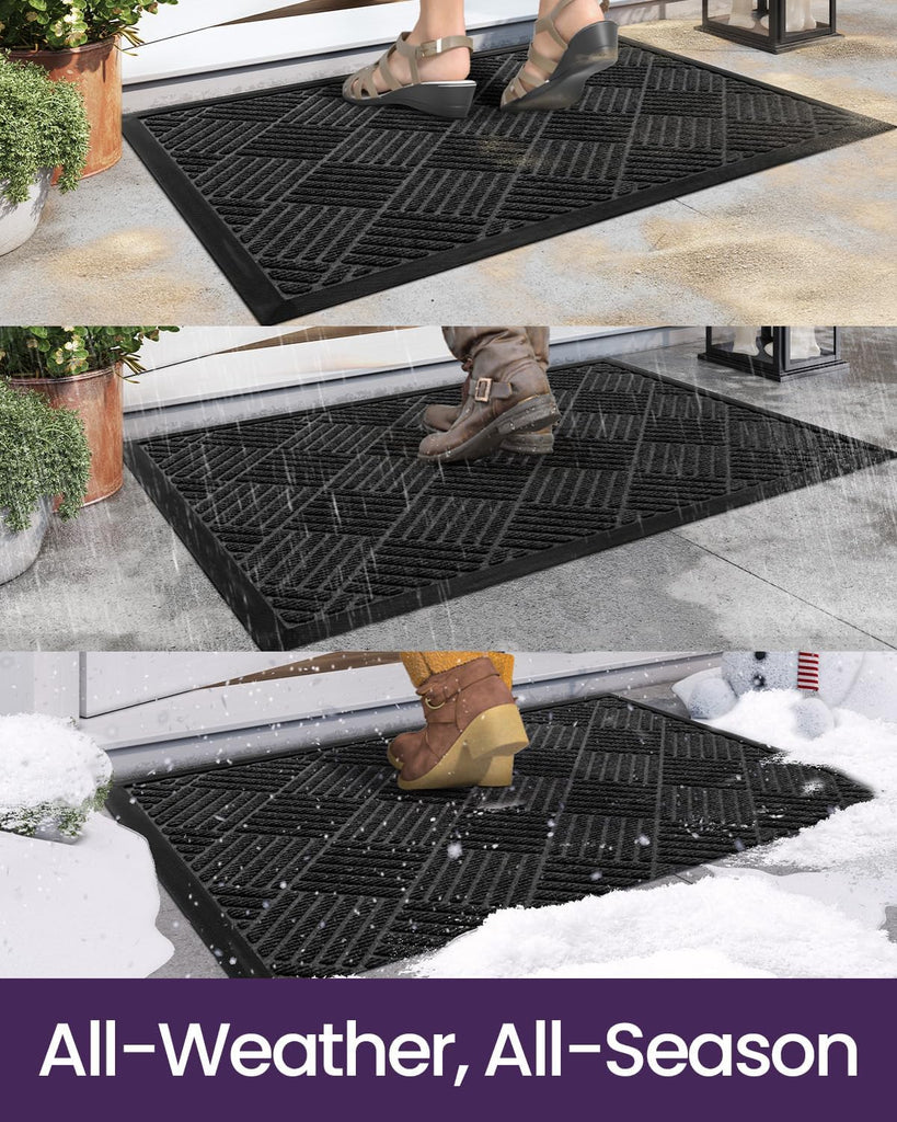Front Door Mat Outside Entrance 24x36 Rubber Entry Doormat Black | Heavy Duty, Welcome Mats Non Slip, Dirt Trapper