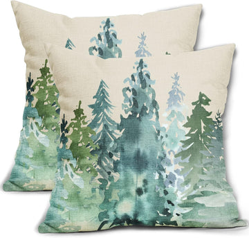 Winter Christmas Tree Pillow Covers 18x18 Blue Green Nature Forest Rustic Watercolor Style Print Decorative - Set of 2