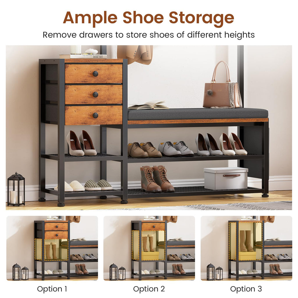 Coat Rack, Hall Tree with Bench and Shoe Storage, 7-in-1 Entryway Bench with Soft Cushion, Storage Bag, 3 Fabric