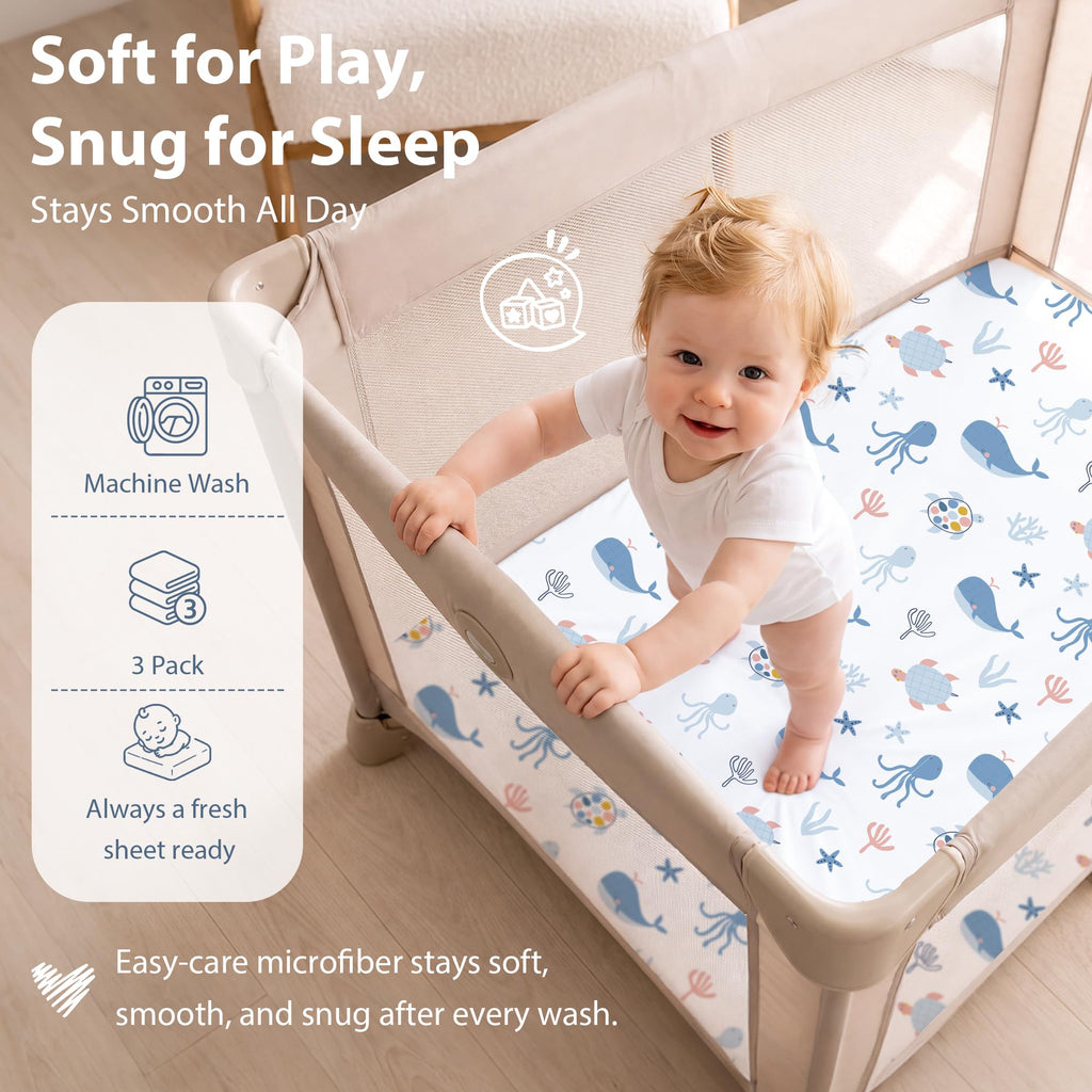 Pack and Play Sheets Fitted, Mini Crib Sheets Boy 38" x 26" 3-Pack
