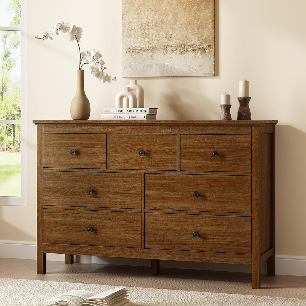 47" Walnut Dresser with 7 Drawer & Metal Handles | Wood Dressers & Chests of Drawers with Wide Drawers for Hallyway