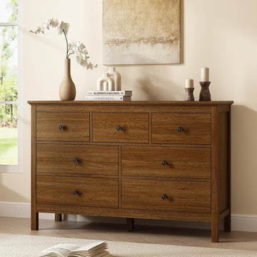 47" Walnut Dresser with 7 Drawer & Metal Handles | Wood Dressers & Chests of Drawers with Wide Drawers for Hallyway