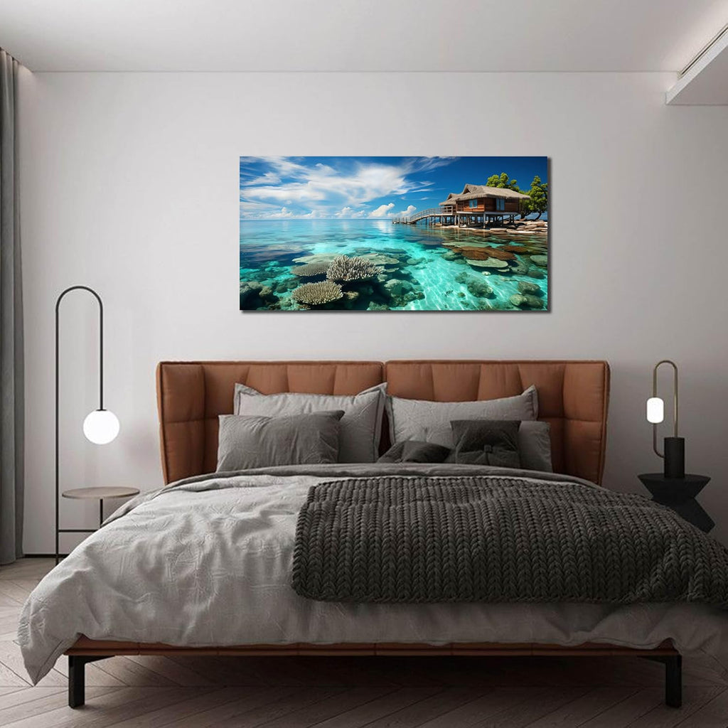Ocean Scenic Canvas Wall Art, Blue Seascape Wall-Decor Picture , Ocean Scenery Canvas Decoration, Coastal Landscape