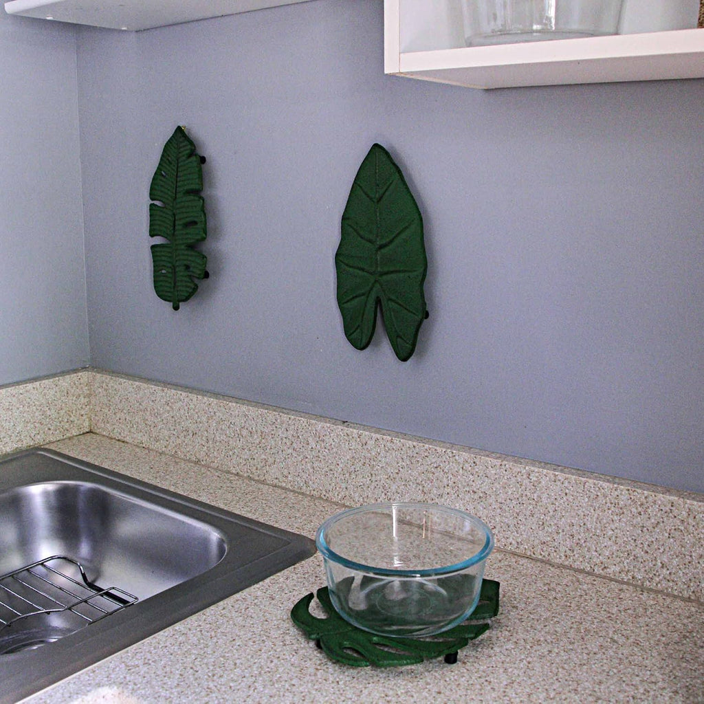Cast Iron Trivets, 10 Inch Tropical Leaf Designs - Set of 3