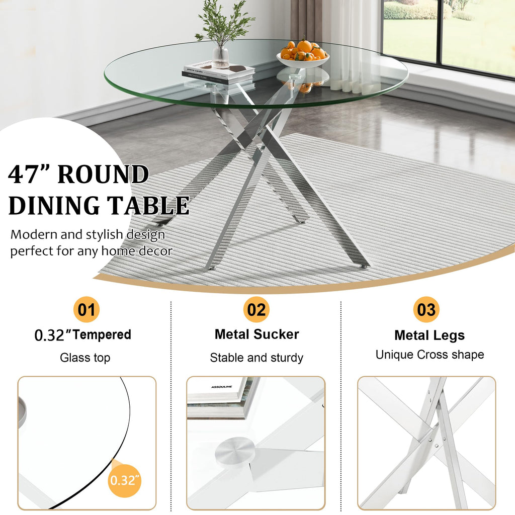 47" Round Dining Table Set for 6, Modern Silver Glass Kitchen Dining Room Table Set for 6, 7-Piece Dining Table Set