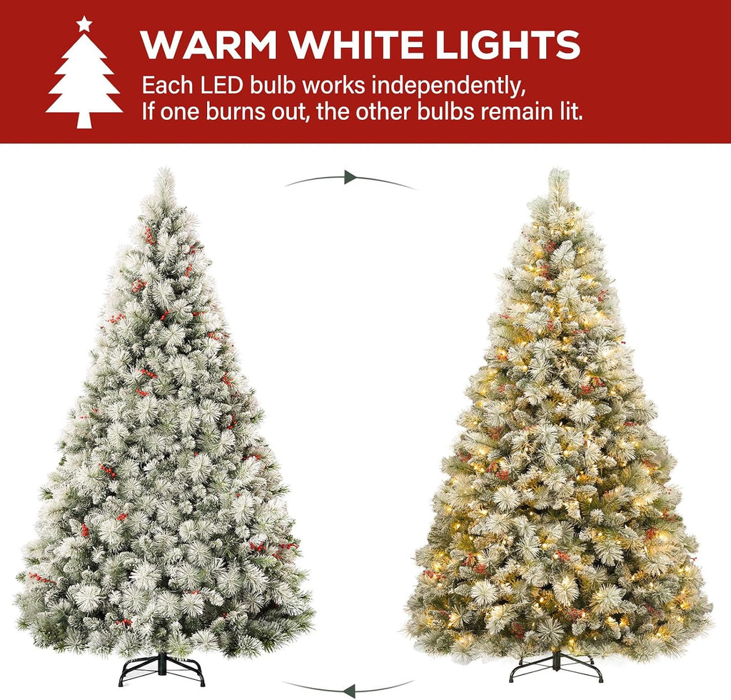 Prelit Flocked Christmas Tree with Pine Needle and Brerries