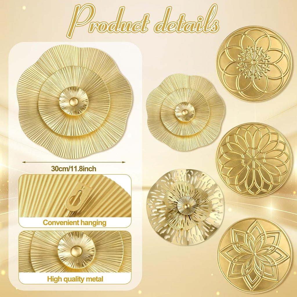 Inch Gold Metal Wall Art Decor Hanging Metal Flower Plate Modern Accent Wall Decorations Living Room Office - Set of 5