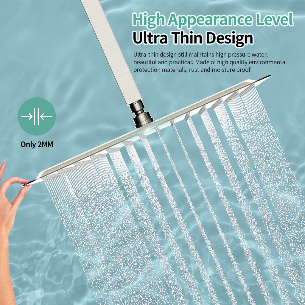 16 Inch Extra Large Rain Shower Head Brushed Nickel 304 Stainless Steel High Pressure Rainfall Showerhead Ultra Thin