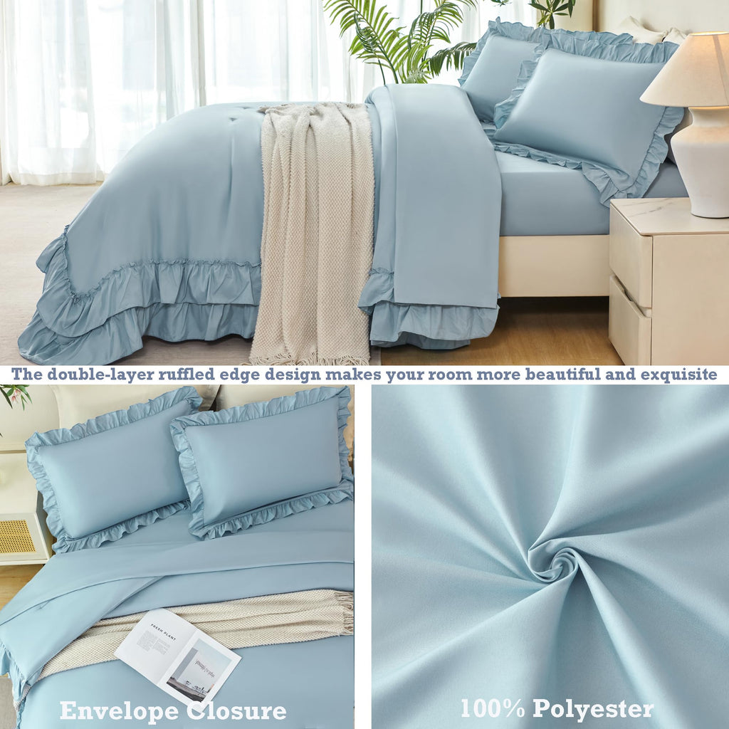 Comforter Set - 5 Pieces Ruffle Dusty Blue Bedding Sets