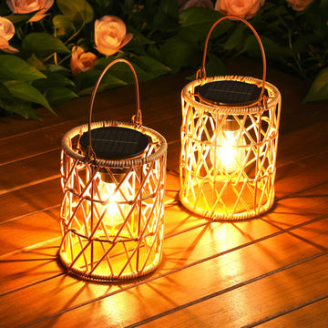 Solar Lantern Outdoor Lights, 2 Pack Bright Hanging Solar Lanterns Outdoor Waterproof with Handle, Decoration Rattan