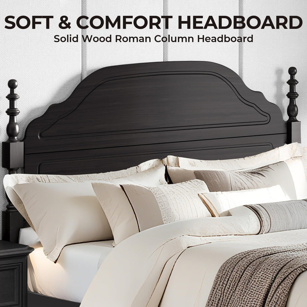 Wood Bed Frame with Wooden 50" Tall Headboard, Heavy Duty Solid Wood Slats Support, Rubber Wood Platform