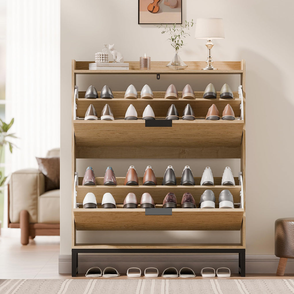 MU Shoe Storage Cabinet with 2 Flip Drawers, Freestanding Fluted Shoe Cabinet, Narrow Wood Shoe Cabinet, Hidden Shoe