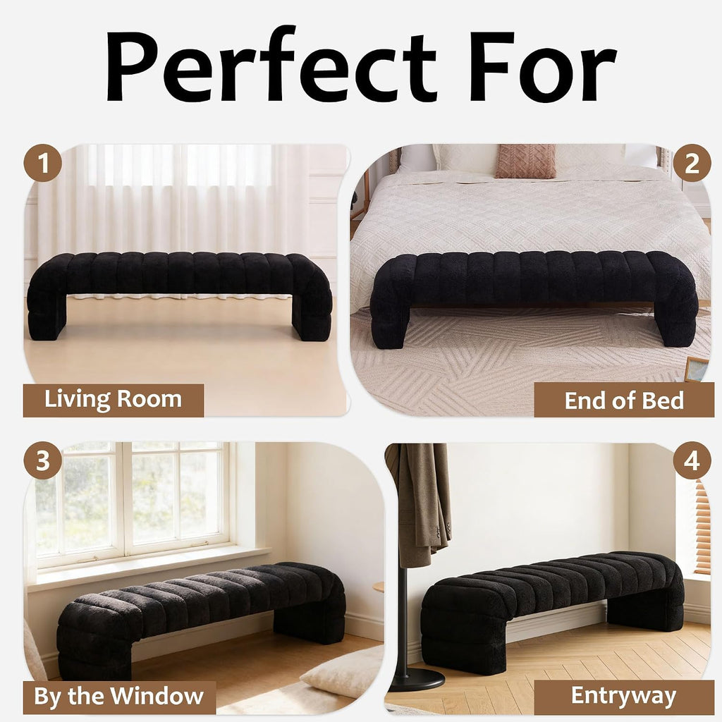 70" Upholstered Ottoman Bench, Modern Chenille Entryway Bench, Long Footstool, Queen Size Bed Bench for End of Bed