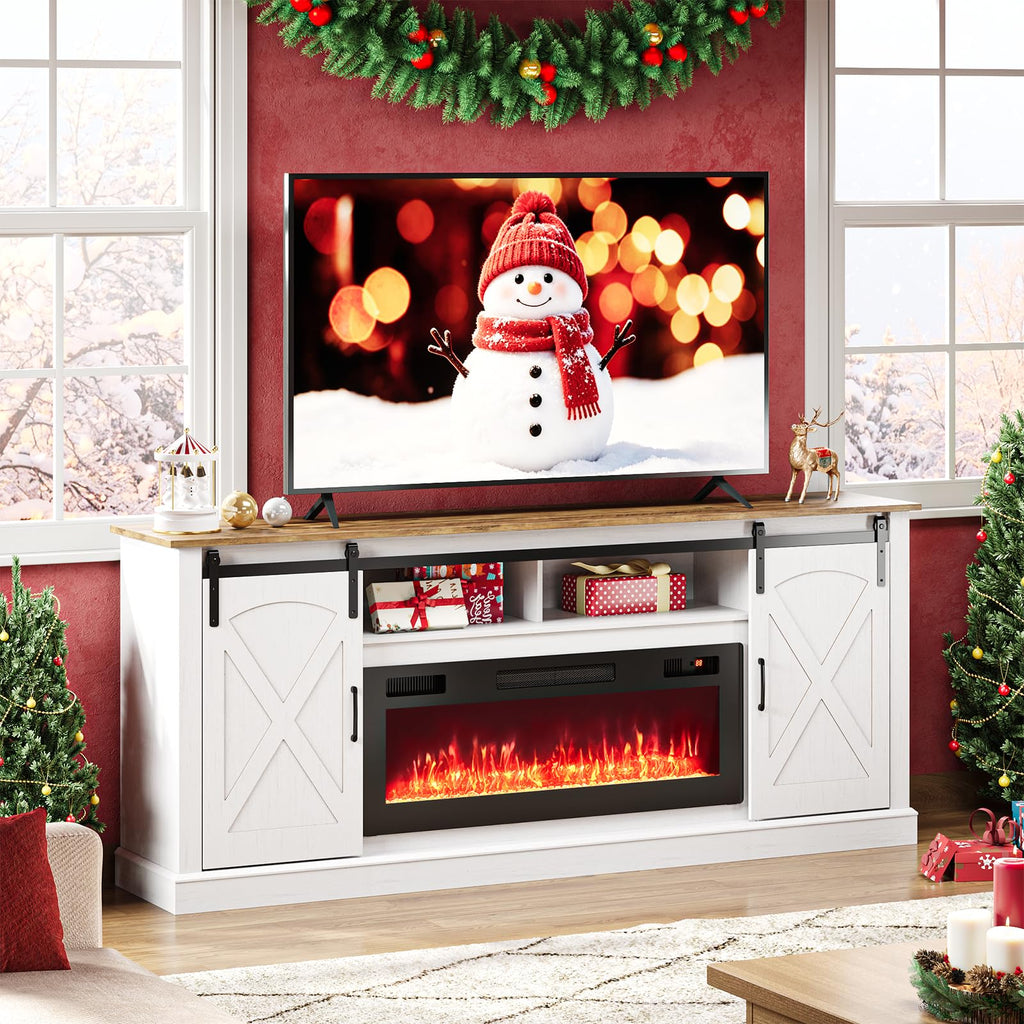 70" Fireplace TV Stand with Sliding Barn Door, Distressed White