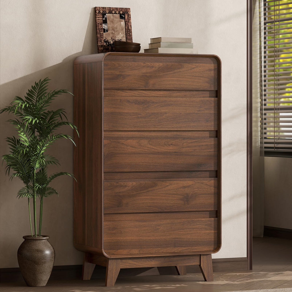 5 Drawer, Mid Century Modern Tall Chests of Drawers, Wood Storage Drawer Dressers, Walnut