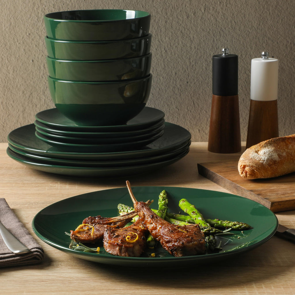 Simple Essential (Service for 4) 12 Piece Plates and Bowls Porcelain Solid Color Dishes Ceramic Dinnerware Set