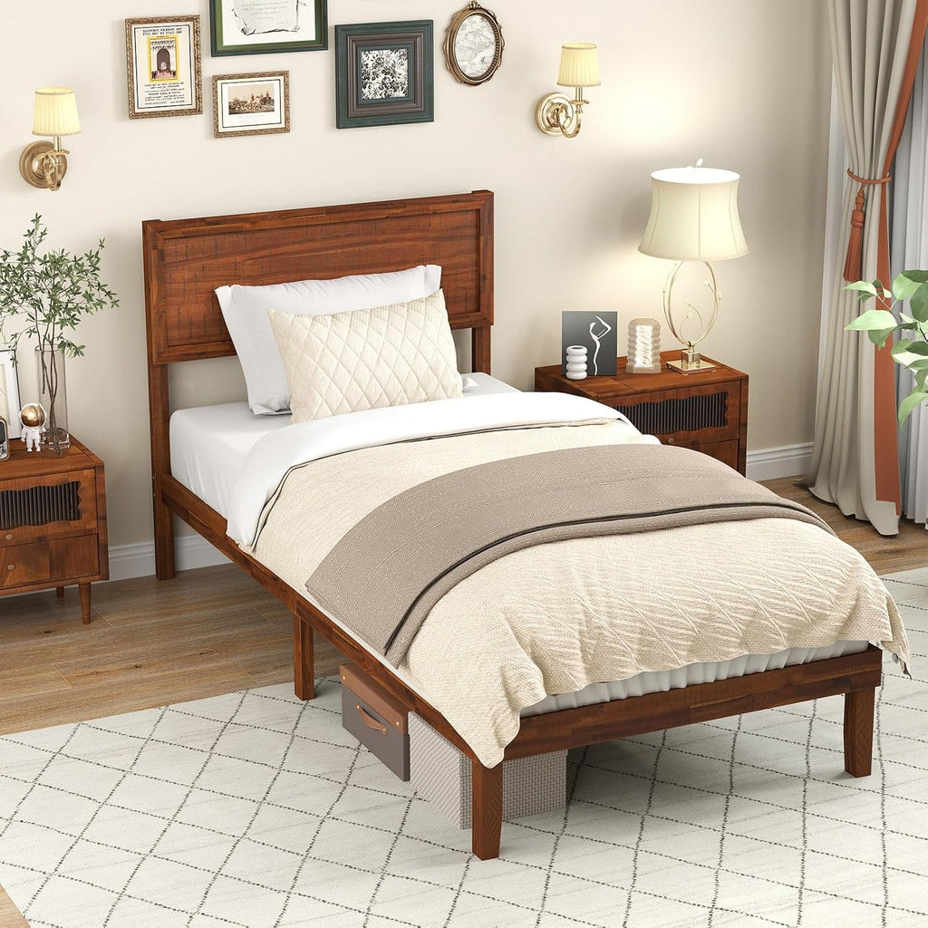 Queen Bed Frame, Mid-Century Modern Platform Bed with Headboard, Wooden Slat Support Mattress Foundation, Under-Bed