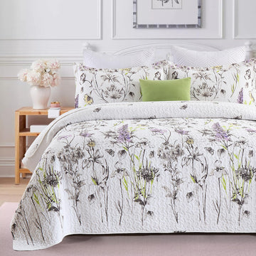 100% Cotton Quilt Set, Cottage Floral Butterfly, Lavender