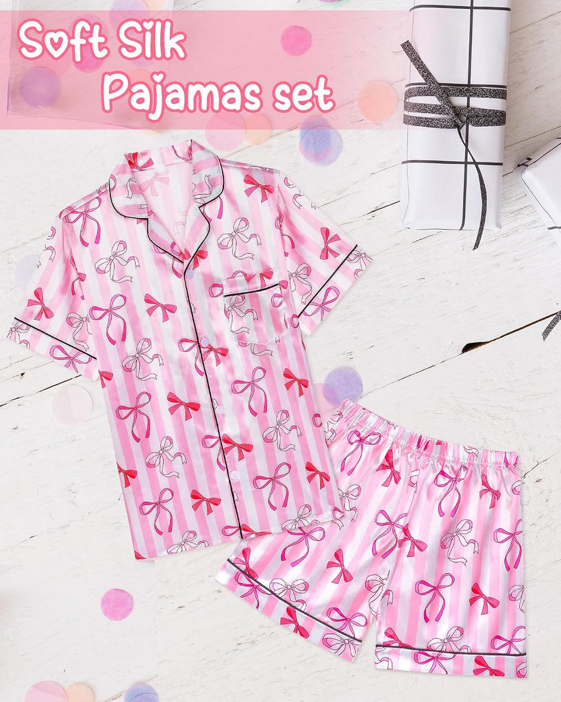 Girls Pajamas Silk PJS Set Pink Bow Satin Sleepwear Short Sleeve Jammies for Kids Button-Down Nightwear