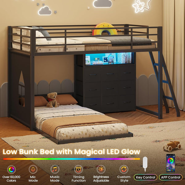 Low Bunk Bed Twin Over Twin with 9 Storage Drawers, L-Shaped Twin Bunk ...