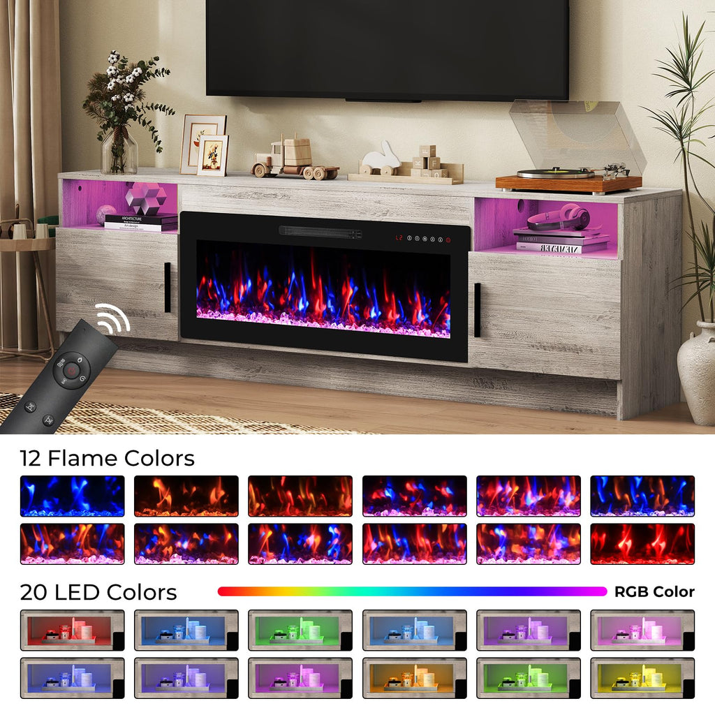 70" Fireplace TV Stand for TVs Up to 80", LED Light Media Console with 36" Electric Heater, Storage Cabinet