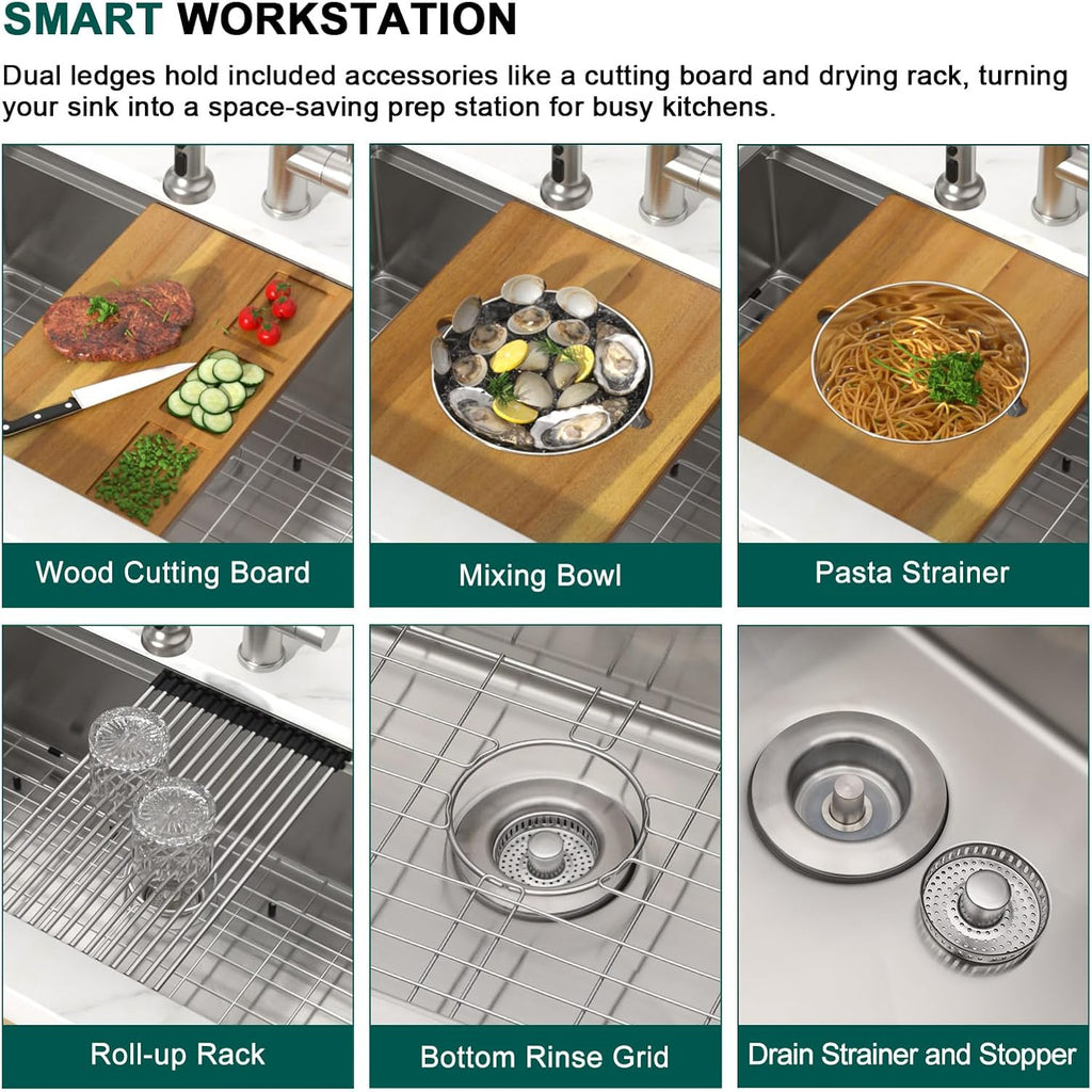 32 Undermount Kitchen Sink 16 Gauge 304 Stainless Steel Single Bowl Multifunctional 32x19 Undermount Workstation Sink