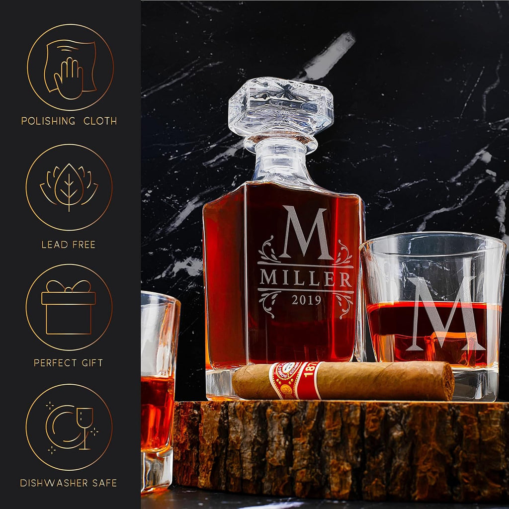 Personalized Whiskey Decanter Set - 9 Design Options - Limited Edition, Custom Liquor Decanter | 25 Oz, 750ml - Set of 4