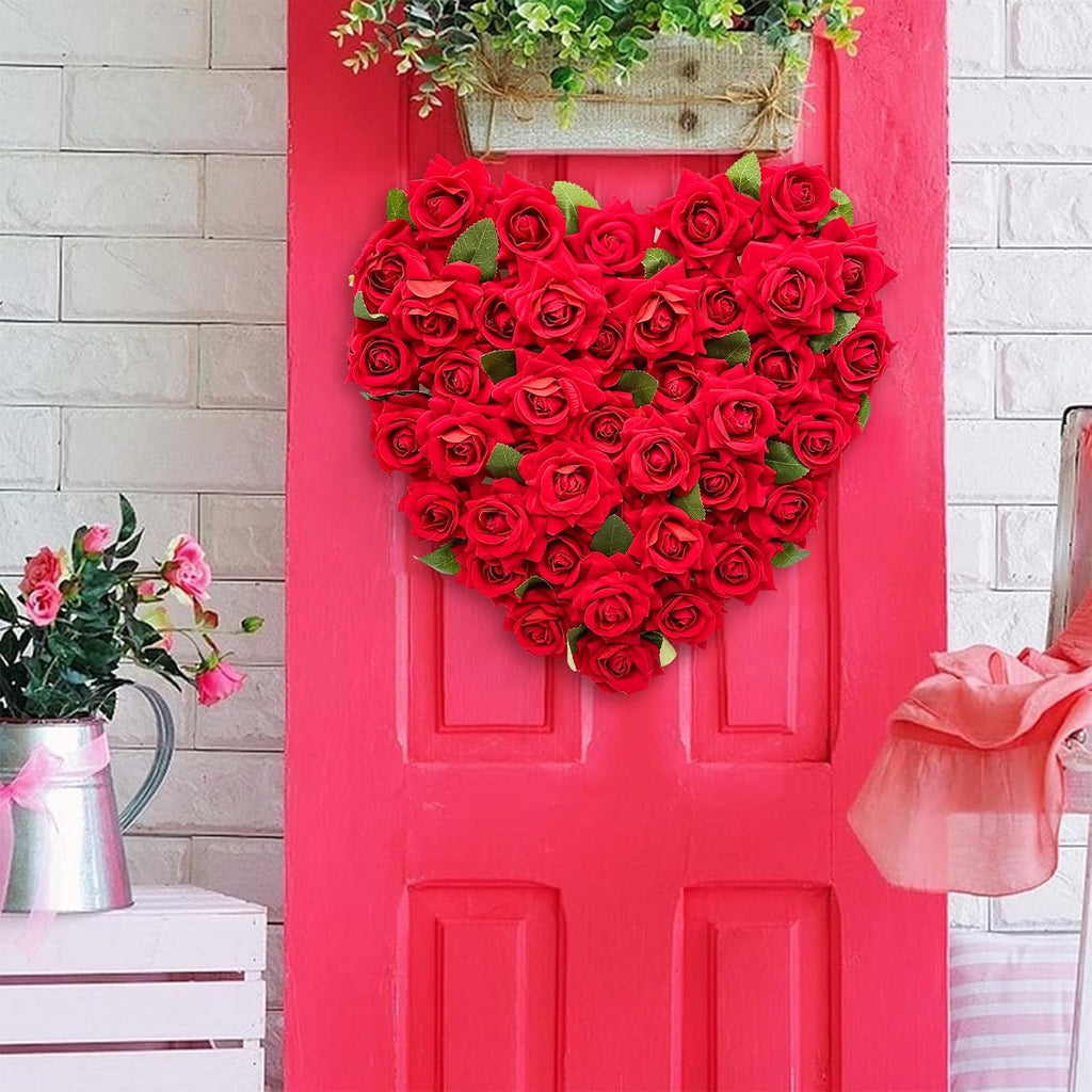 Valentines Day Heart Wreath Red Rose Heart Wreaths Valentines Heart Shaped Wreath for Door with Red Bow Valentines