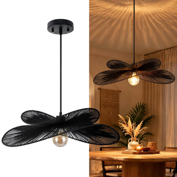 22.8" Rattan Pendant Light, Large Handwoven Wicker Hanging Lamp, Boho Natural Wave Design Dining Room Light Fixture